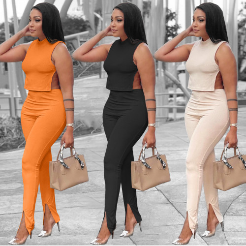 Ladies Sexy Casual Solid Color Round Neck Sleeveless Side Slit Strap Two Piece Set