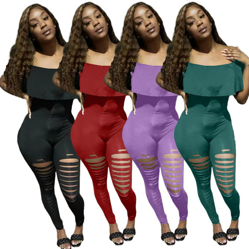 Off-the-shoulder lotus leaf burnt ripped slim jumpsuit