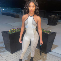 women's printed halter neck open back casual bodysuit