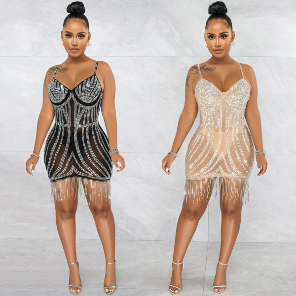 Hot Diamond Sexy Sling Sleeveless Wrap Chest Short Skirt Flowing Beard Dress