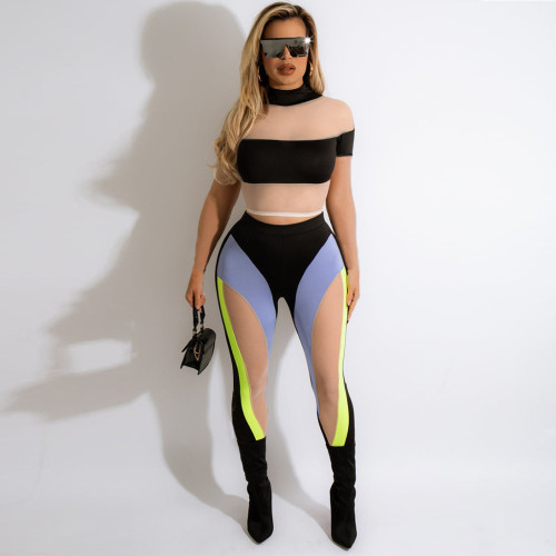 Mesh stitching fashion women's two-piece suit
