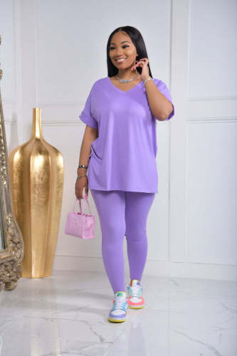 V-neck solid color loose simple casual short-sleeved two-piece suit