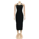 Solid color sexy suspenders hollow zipper long skirt slit dress women