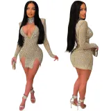 Fashionable and sexy deep V-neck hollow slit bag hip hot diamond dress with shoulder cotton