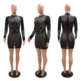 Sexy long-sleeved see-through hot drill bag hip slimming dress without panties