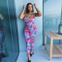 Women's Fashion Printed Backless Sling High Waist Bodysuit