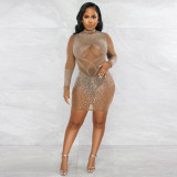 Sexy long-sleeved see-through hot drill bag hip slimming dress without panties