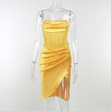 Satin mesh slit dress spring and summer new slim stitching package hip skirt women