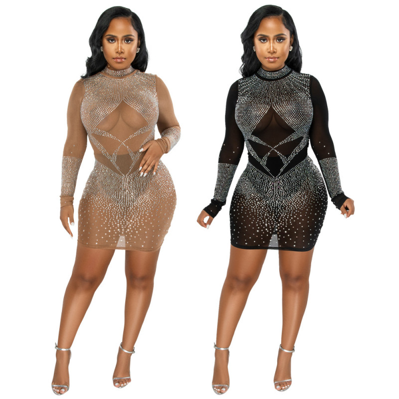 Sexy long-sleeved see-through hot drill bag hip slimming dress without panties