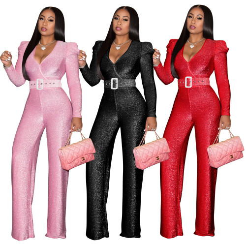 Women's Solid Knit Composite Puff Sleeves Zip Back Jumpsuit with Belt