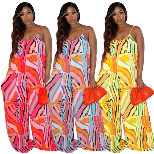 Trendy Stripe Print Wide Leg Sling Jumpsuit