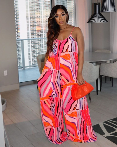 Trendy Stripe Print Wide Leg Sling Jumpsuit