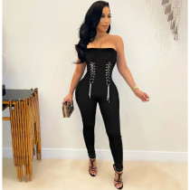 Women's Fashion Sexy Tube Top Waist Eyelet Metal Chain Waist Jumpsuit