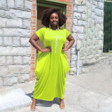 Plus Size Women Fashion Solid Color Offset Lettering Pocket Short Sleeve Dress A5255