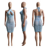 Mesh pleated open-back sexy see-through fishbone dress