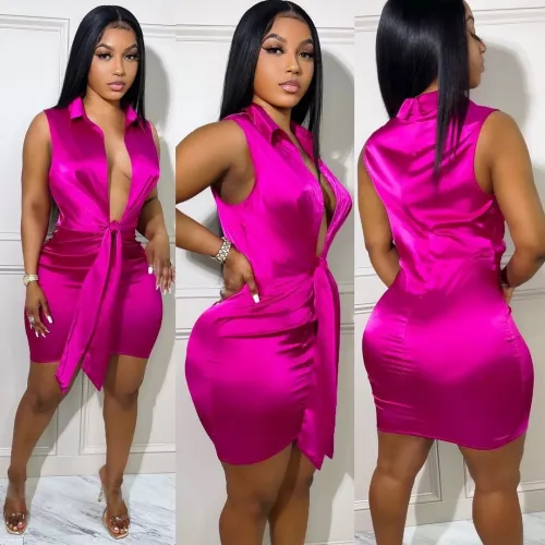Women's Fitted Stretch Satin Gloss Sleeveless V-Neck Tie Dress