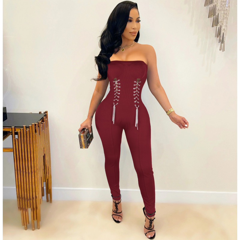 Women's Fashion Sexy Tube Top Waist Eyelet Metal Chain Waist Jumpsuit