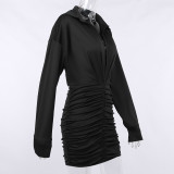 Temperament V-neck sexy pleated tight-fitting long-sleeved hip-pack shirt dress