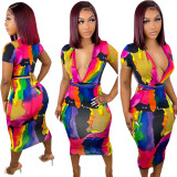 Fashion Women's Cotton Irregular Tie-Dye Deep V Short Sleeve Midi Dress Sexy Pack Hip Dress