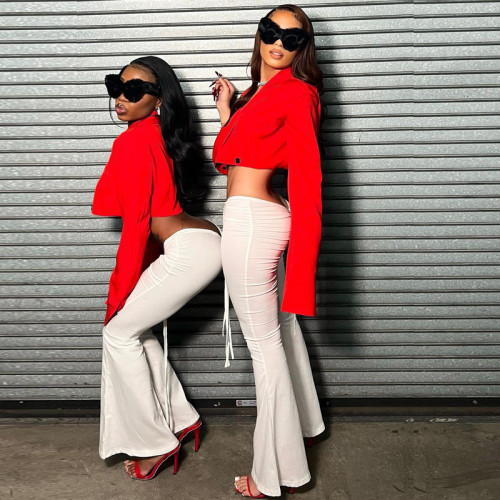 Front and back drawstring low waist sexy wide leg flared pants women