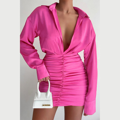 Temperament V-neck sexy pleated tight-fitting long-sleeved hip-pack shirt dress