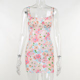 Low-cut printed dress sexy bust floral suspender dress
