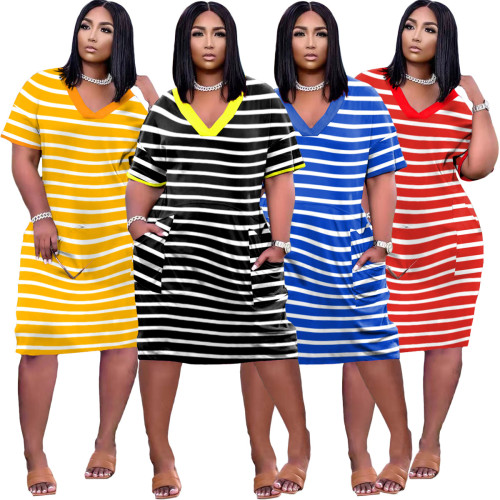 Ladies Fashion Sexy Loose Striped Print V-Neck Casual Dress With Pockets