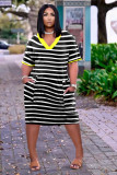Ladies Fashion Sexy Loose Striped Print V-Neck Casual Dress With Pockets