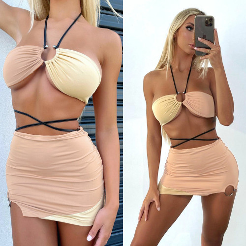 Two-piece sexy color matching skirt with strap wrap chest skirt