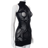 women's solid color sexy package hip slim see-through dress