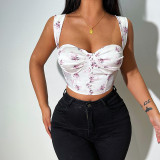 Women's floral sexy crop top with pleated chest straps