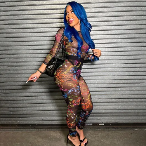 Sexy Print Bodysuit Tight Hip Raising Mesh Trousers Suit Women