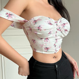 Women's floral sexy crop top with pleated chest straps