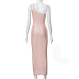 One Shoulder Solid Color Sleeveless Dress