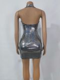 Sexy laser bronzing nightclub dress bag hip short skirt halter one step skirt double layer sleeveless