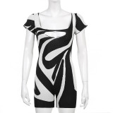 Black and white contrast color wool round neck short-sleeved hollow sexy playsuit