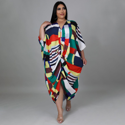 Plus Size Women's Printed Striped Swing Pleated Loose Dress