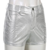 Fashion Personality Shiny Silver High Waist Small Size Tight Button Short Hot Pants