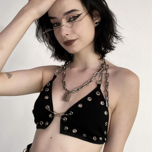 Sexy babes show navel eyelet pin corset design sense chain personality hanging neck sling