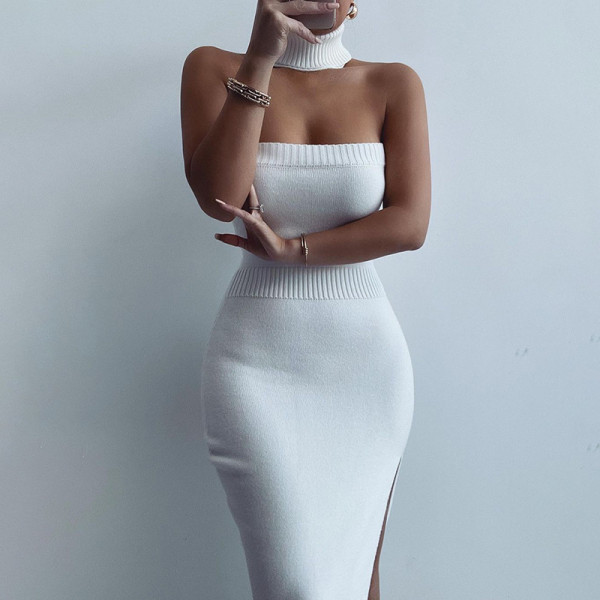 Solid Off Shoulder Slip-neck Strapless Knit Slit Dress