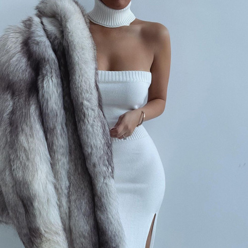 Solid Off Shoulder Slip-neck Strapless Knit Slit Dress