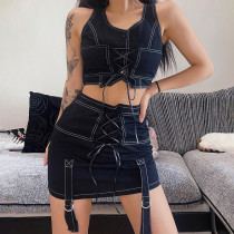 Fashion trend hot girl design sense topline strap V-neck vest slim-fit streamer bag hip skirt suit