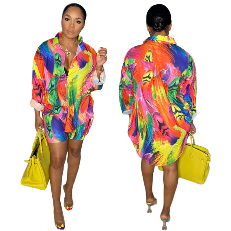 Women's Colorful Casual Print Shirts Long Sleeves + Shorts Two Pieces