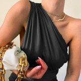 Fashion Solid Sexy Gathered One Shoulder Satin Top