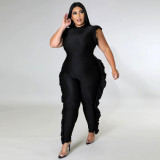 Fat MM plus size women's casual printing sleeveless fungus edge jumpsuit women