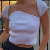 Women's Fashion One Shoulder Square Neck Sexy Slim Navel Short Sleeve T-Shirt Women