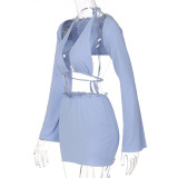 Lace-up halterneck suspender long-sleeve vest skirt three-piece set