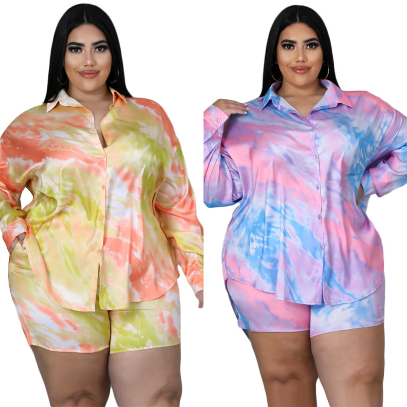 Plus size women's summer new fashion tie-dye print casual two-piece suit