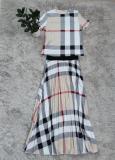 Plaid Print Short Sleeve + Long Skirt Two-piece Set