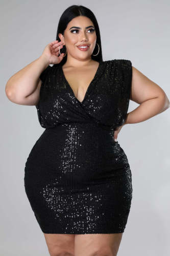 Fat Woman Plus Size Women's Black Sequin Deep V Sleeveless Hip Dress